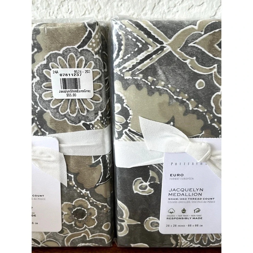 Pottery Barn JACQUELYN MEDALLION Organic EURO Sateen Sham Gray (2) NWT